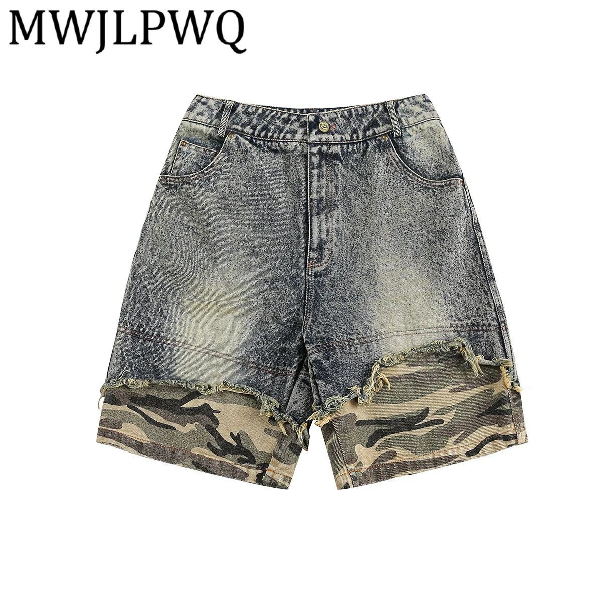 

MWJLPWQ мужские джинсовые шорты в американском стиле 2025 года, камуфляжные потертые потертые джинсовые шорты, искусственные двухсекционные брюки с пятью точками для мужчин 11974