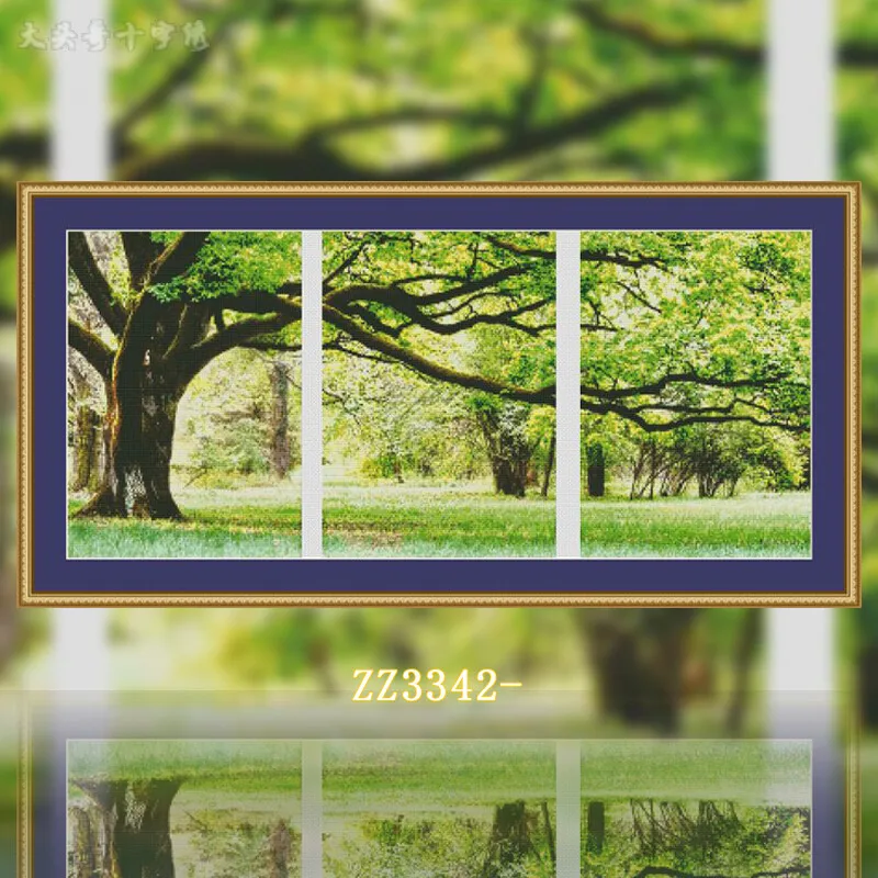 [ZZ3342-Love of Green Trees] Stamped Cross Stitch Embroidery Kit 14CT 16CT, Cotton Thread Set, Printed Canvas