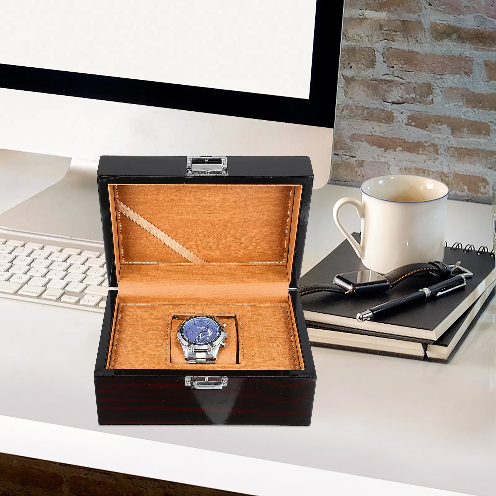 1Pcs Exquisite Lacquered Wooden Jewelry Storage Box with Interior Pillow Strong Frame Waterproof High Gloss Retro