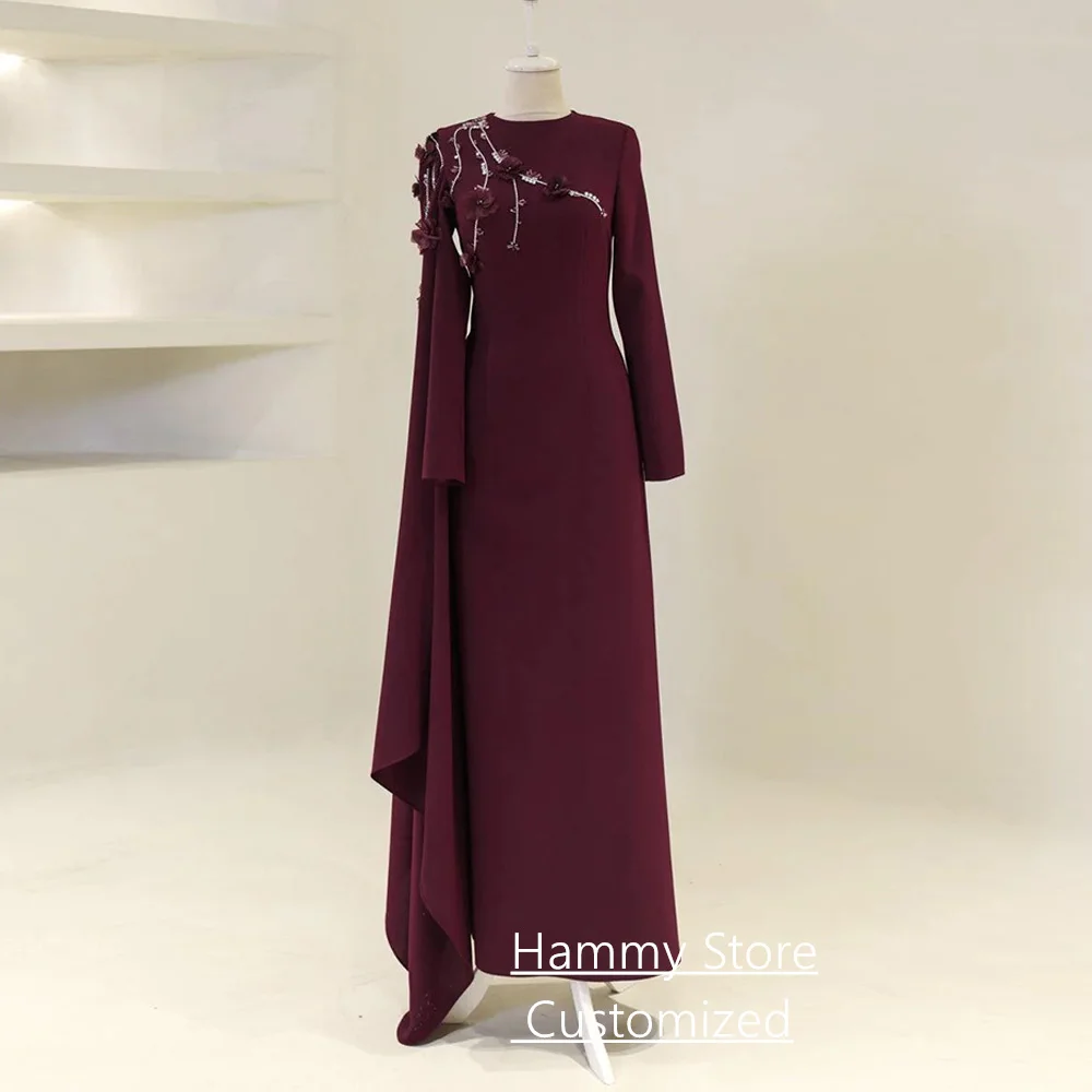 

Modest Islamic Evening Dress Customized Round Neck Long Sleeves Beading Flowers Saudi Arabian Prom Gown Party Dresses