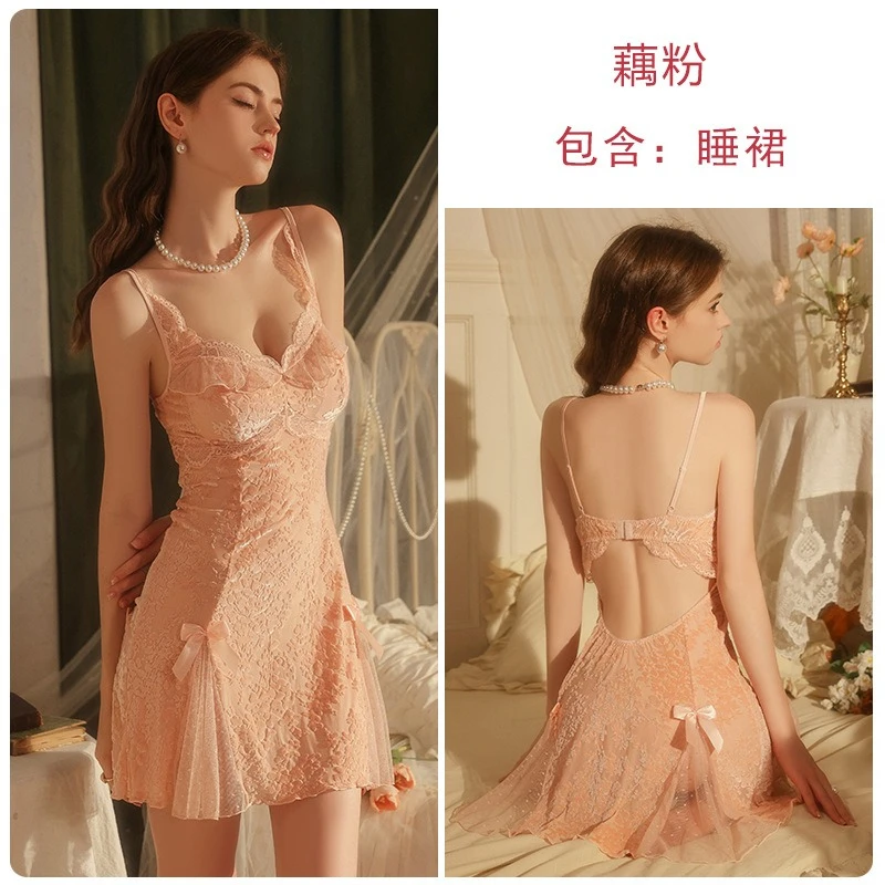 Velvet Jacquard Mesh Lace Splicing with Chest Cushion Sexy Bareback Strap Sleeping Skirt Outer Robe Set