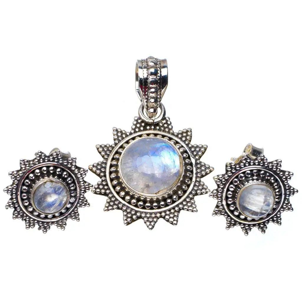 

StarGems® Natural Rainbow Moonstone 925 Sterling Silver Jewelry Set Pendant 1.25" Stud 0.5" A3653