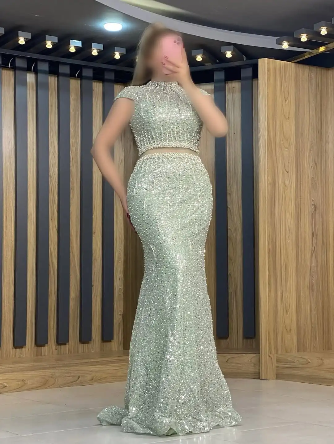 تصميم جديد مثير فاخر الديكور الترتر اللؤلؤ مساء Dressn الخصر الوهم أنيقة حورية البحر حفلة موسيقية فستان رسمي