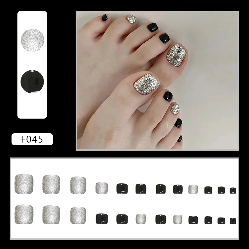 

24pcs Black French Toe Press-Ons - Glitter Tips Medium Square Shape (Multi Sizes) False Toenail Detachable Finished Nail Tips