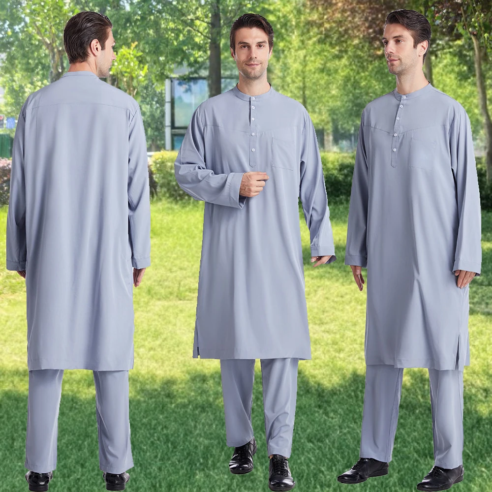 

Мужской мусульманский комплект Jubba Thobe, платье Абая, арабская исламская одежда, халат из Саудовской Аравии, Дубай, кафтан, длинная рубашка, брюки, 2 шт., Daffah Dishdasha