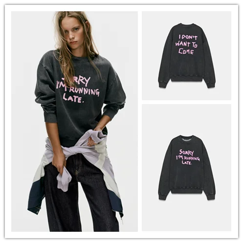 Early Autumn New Women's Fashionable Washed Effect Printed Sweatshirt Versatile Polyester Long Sleeve round Neck Top