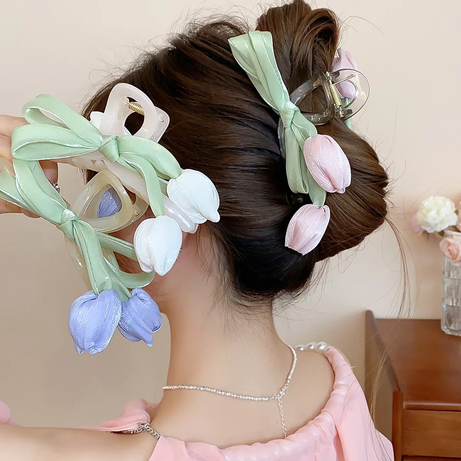Pink/White Tulip Silk Flower Shark Clip Hair Claws For Women Ponytail Hairpin Hair Crabs Barrette Girls Fashion Hair Accessories
