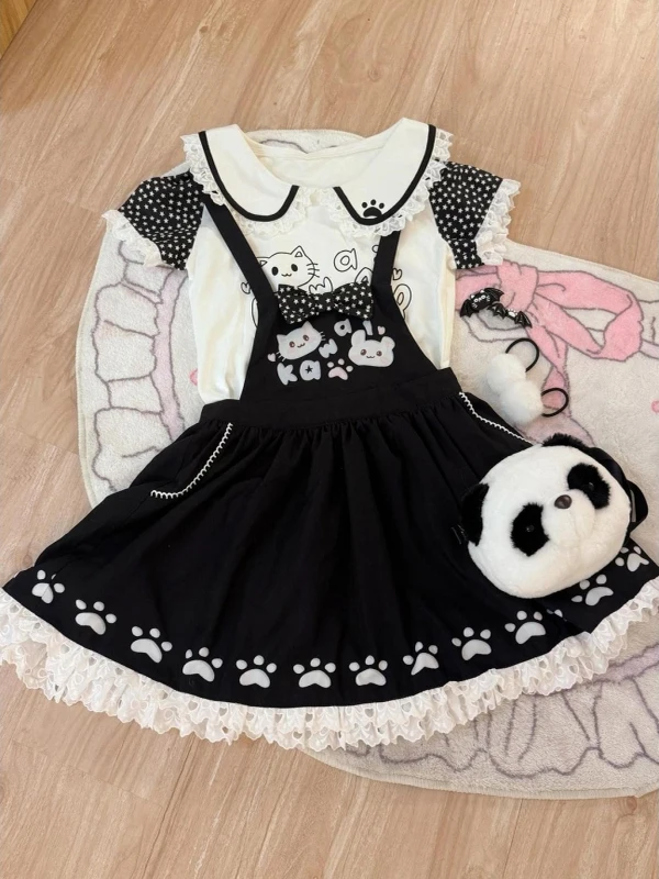 

Cute Summer Outfit Doll Collar Printed Top Lace Trimmed Puffy Skirt Set ort Sve Zipper Closure Casual Teen Girls Set