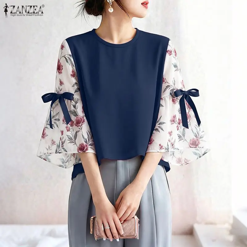 

Элегантные женские блузки ZANZEA с бантом и цветочным принтом, шифоновые, в стиле пэчворк, с рукавом 3/4, пуловеры, топы, лето 2026, Blusas de Mujer