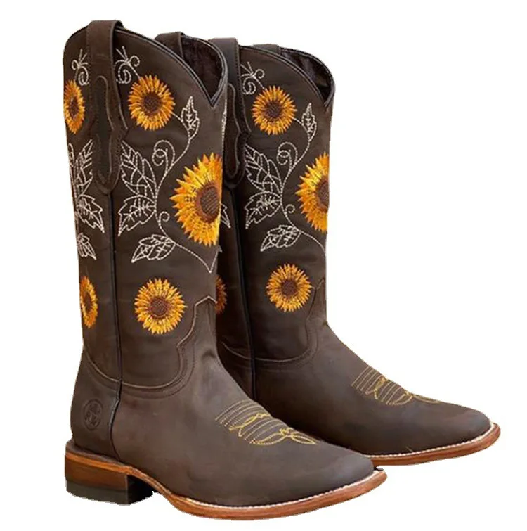 New Women Coffee Brown Embroidery Boots PU Leather Printed Western Cowboy Boots Deep V-mouth High Tube Casual Boots size 35-43