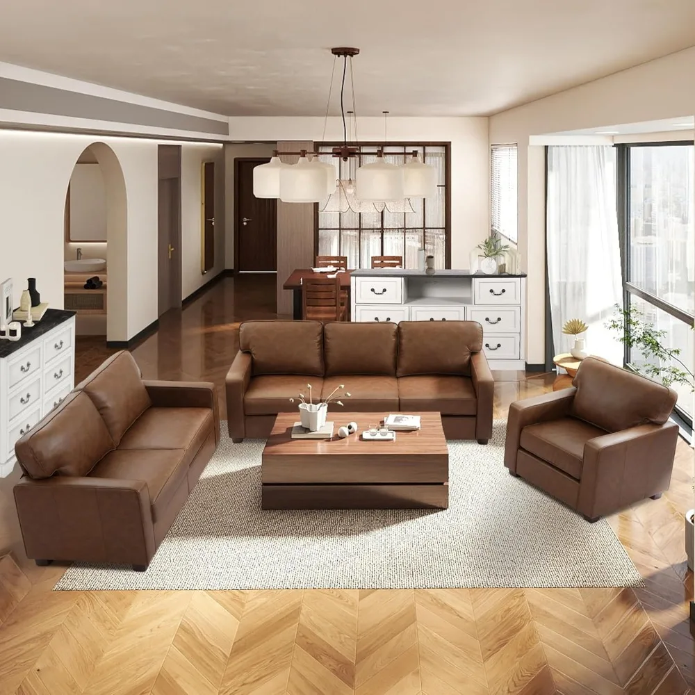 

184" Mid-Century Modern PU Faux Leather Sectional Couches - High-Density Foam & Built-in Springs, 6-Seat Sofa Set with Solid Woo