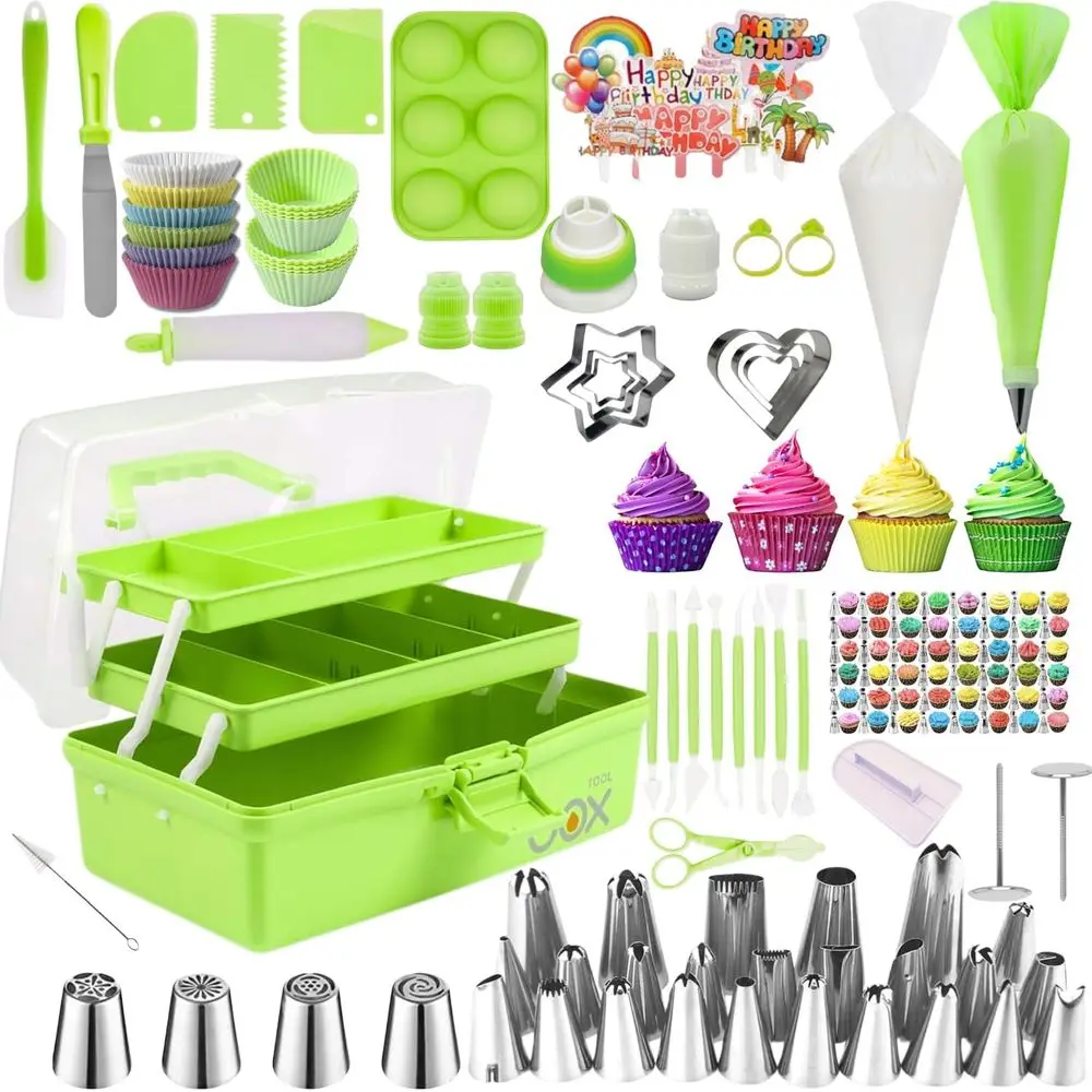 

Cake ting Tools Supplies Kit - 274 Pieces Baking Supplies with Storage Box for Beginners - Icing Bag and Tip Set for Cupcake and