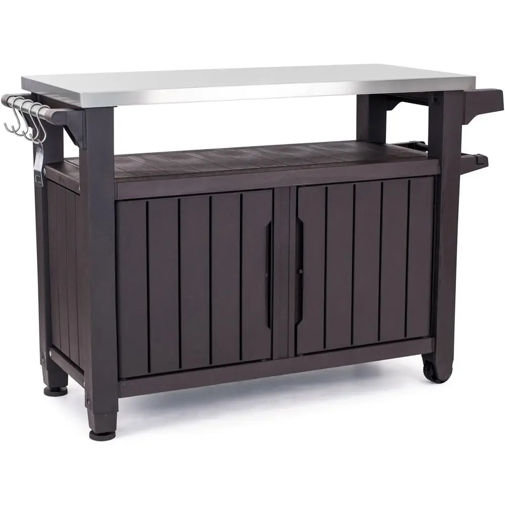 

Portable Kitchen Island Cart with Wheels for Outdoor Food Prep, Storage, and Grilling in Brown
