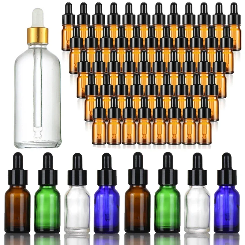 5pcs 5/10/15/20/30ml/50ml/100ml Amber Empty Glass Dropper Bottle Essential Oil Aromatherapy Liquid Reagent Refillable Containers