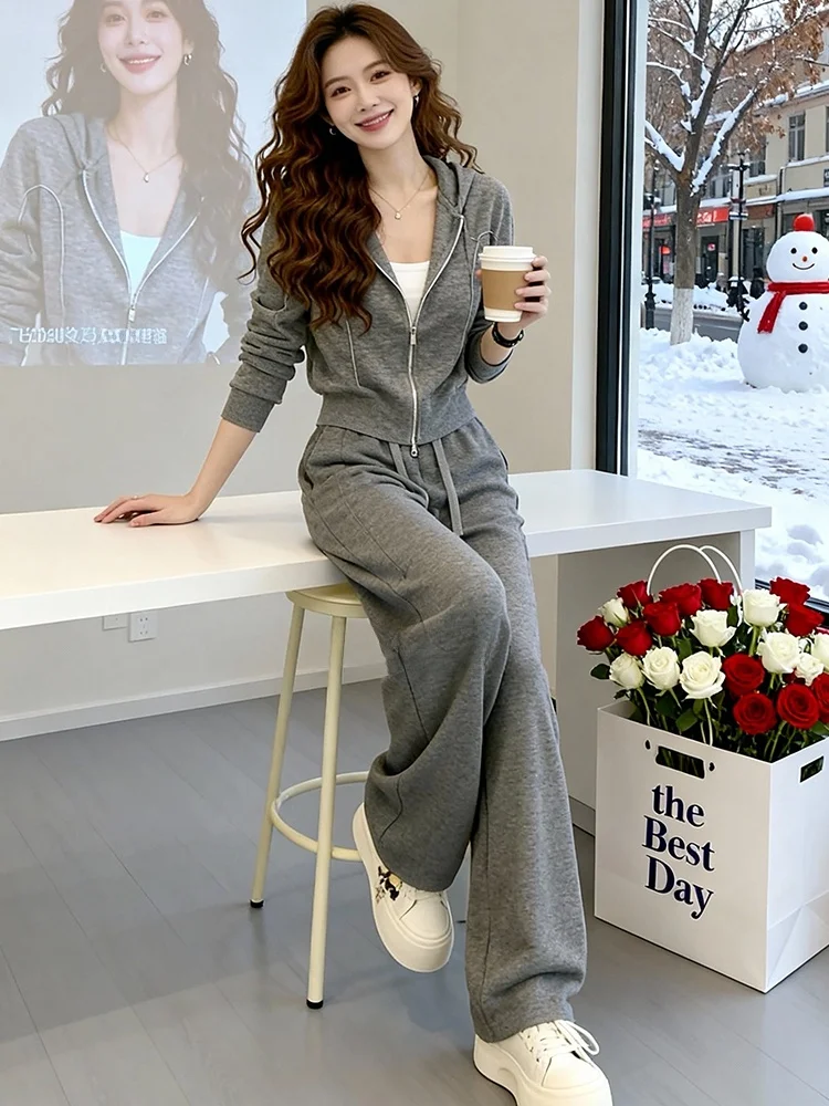 

Spring Fashion Grey Jacket Top And Wide Leg Pants Casual Sporty Two Piece Set Women's Anti-Aging Stylish Ensemble