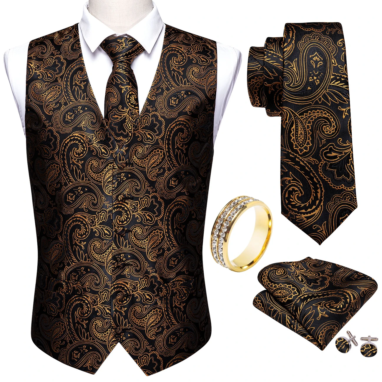 Black Large Golden Paisley V-Neck Vest Accessory Kit Tie Pocket Square Cufflinks Ring For Luxury Formal Ball