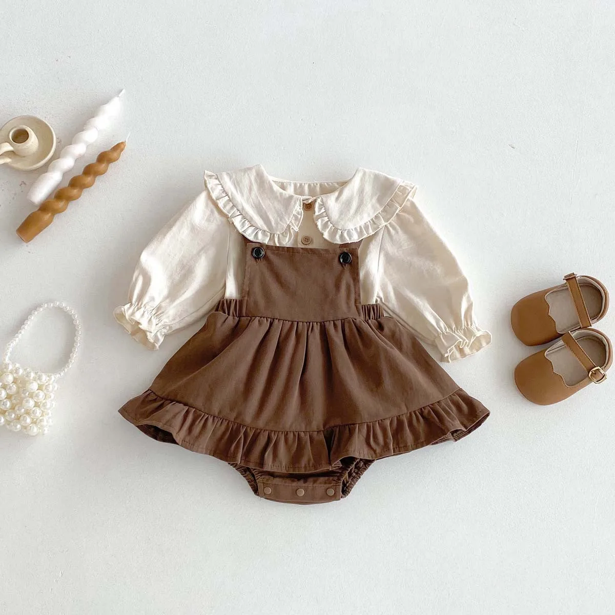 

Girls' 2025 Autumn New Large Collar Shirt Top Strap Ha Skirt Set for Infants and Young Children Korean Edition Clothes