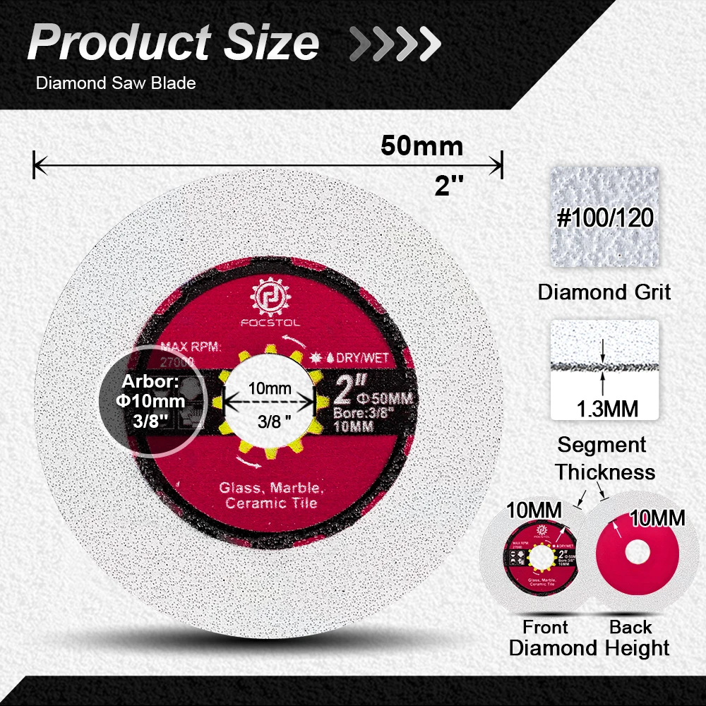 FOCSTOL Diamond Saw Blade Glass Cutting Disc 1/2/5pcs Dia 50mm Grinding for Glass Jade Crystal Wine Bottle Saw Blade