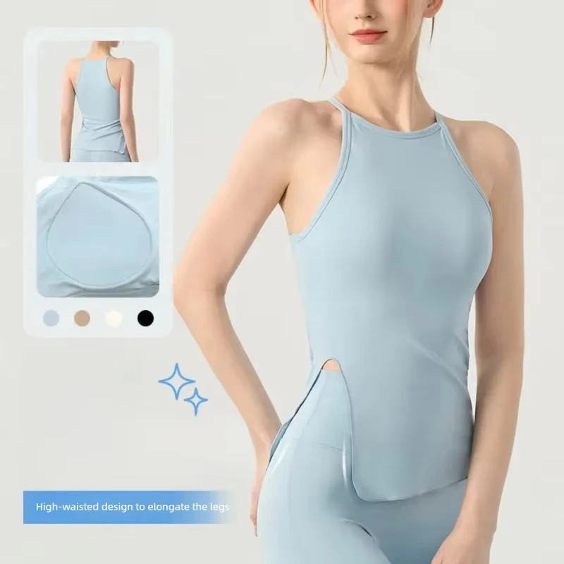 Damen Yoga-Top ohne Ärmel mit Schlitzen und Brustpolstern für Fitness, Gym und Pilates, Sommer-Sportbekleidung – Detail 1