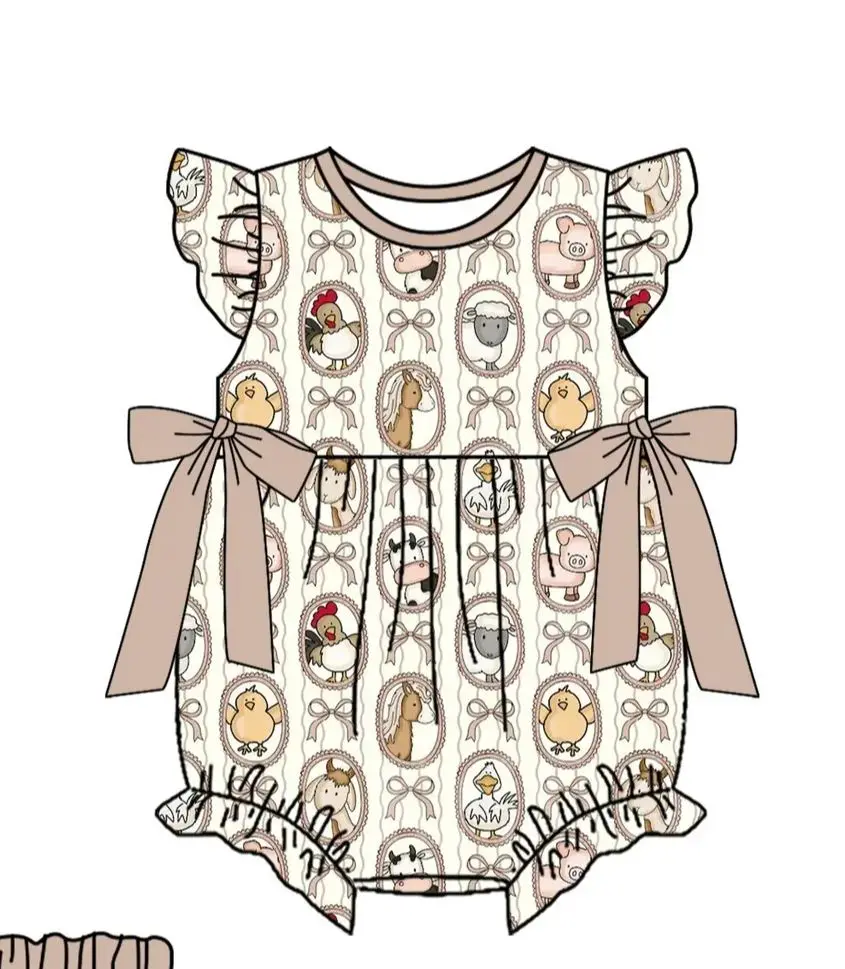 Summer Girls Boutique Farm Chick Outfit Pearl Sleeves Children Clothing Animals Print Shorts Sets Baby Romper