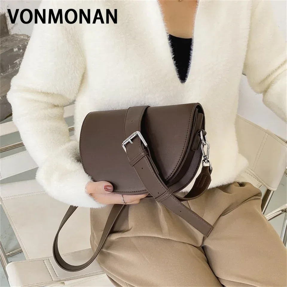 Retro Solid Color Saddle Bag High Quality Leather Shoulder Bags for Women 2024 New Simple Ladies Crossbody Bag Designer Handbags