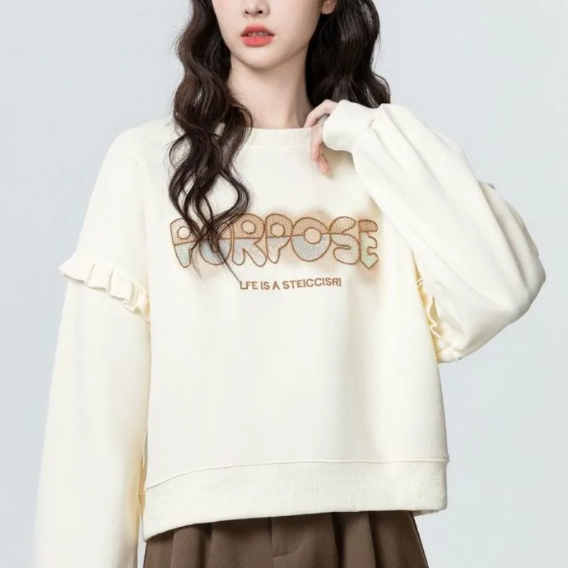 

Femme весна осень корейская мода с принтом однотонные толстовки с круглым вырезом женская одежда универсальные оборки лоскутное длинный рукав