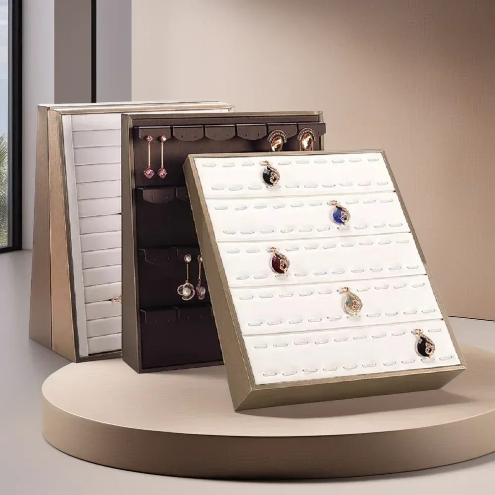 Vertical Velvet and Leather Jewelry Display Stand Large Adjustable Earring Necklace Ring Organizer for Shop Home Vanity Counter