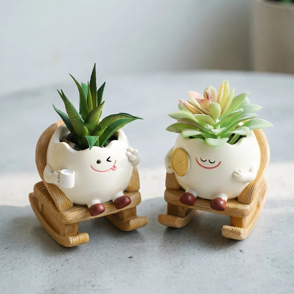Smily Face Resin Planter Pot Cute Rocking Chair Succulent Pots With Drainage Hole For Indoor Outdoor Home Decor Unique Gift
