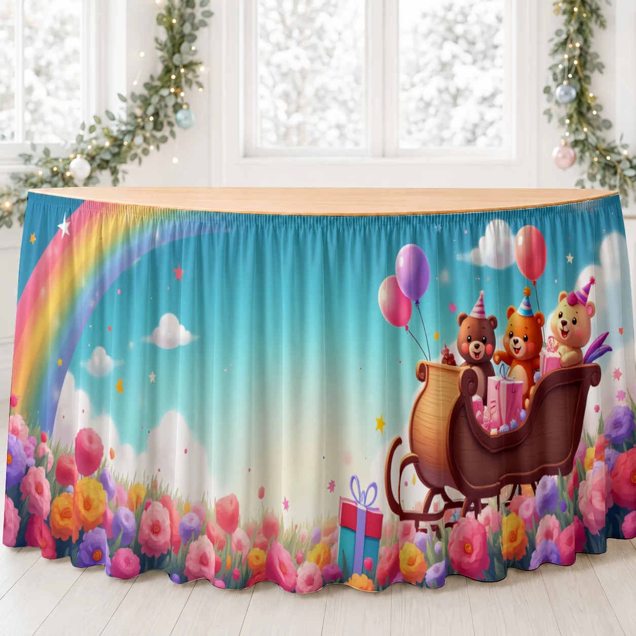 One table skirt. Table skirt. Printed polyester. Playful. Bright. Festival. Flowers. Rainbow. Celebration party.