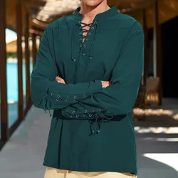 Autumn New Cotton Linen Shirts for Men Costume Beach Tops Drawstring Design Shirt Male Loose Casual Streetwear Long Sleeve Shirt
