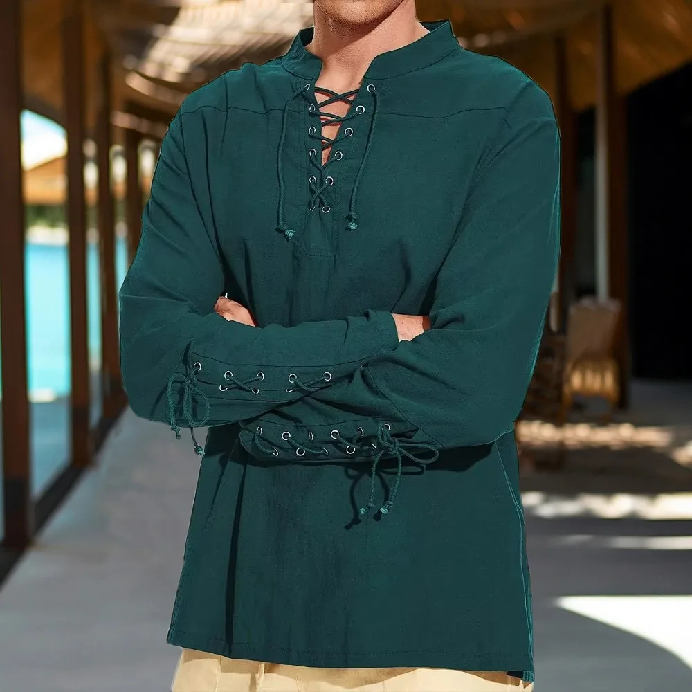 Autumn New Cotton Linen Shirts for Men Costume Beach Tops Drawstring Design Shirt Male Loose Casual Streetwear Long Sleeve Shirt