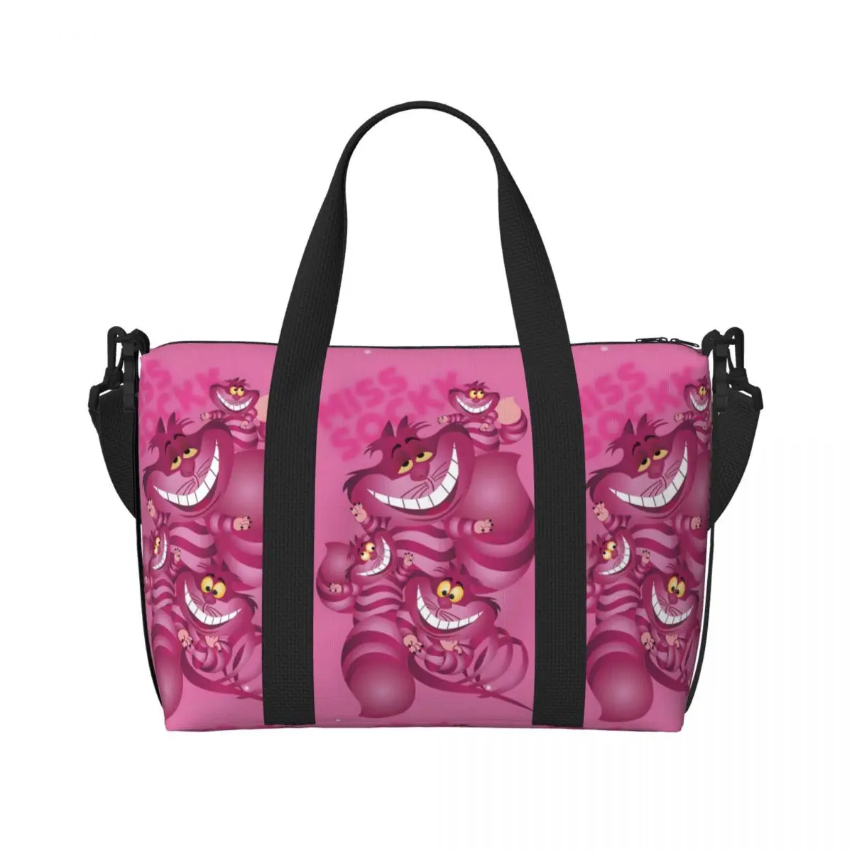 

Custom Smiling Cheshire Cat Beach Tote Bag for Women Extra Large Gym Carry On Cartoon Animal Travel Shopping Bags