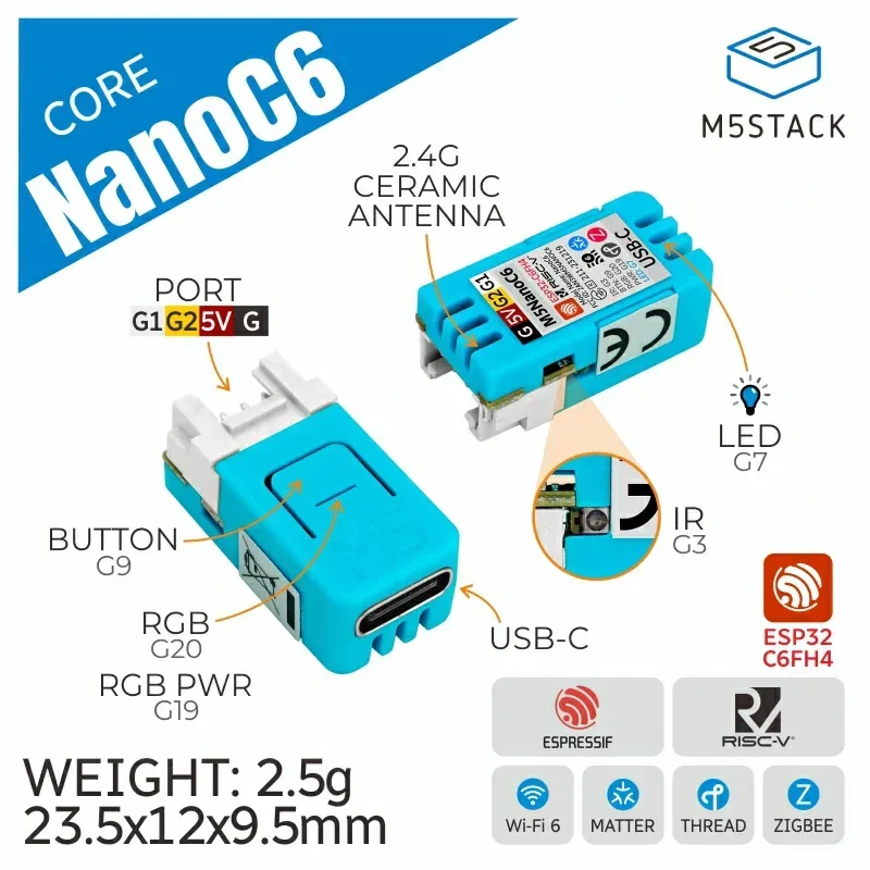 M5Stack NanoC6 ESP32-C6 WiFi 6 Zigbee Thread Matter Mini IoT Development Board IR RGB Grove Smart Home Arduino