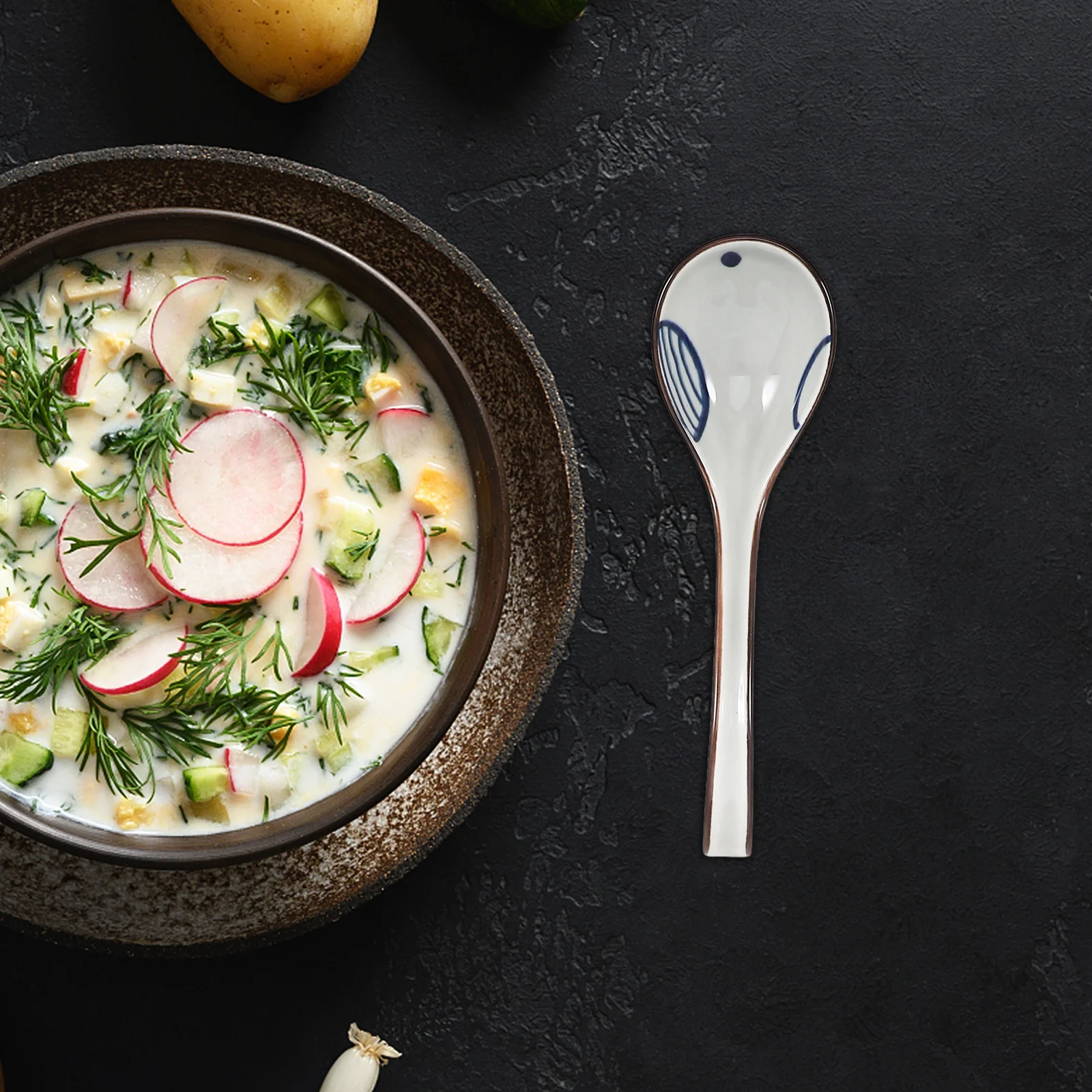 

6Pcs Classic Ceramic Soup Spoons Asian Long Handle Dinner Spoons for Soup Dumplings Desserts Stirring Spoon