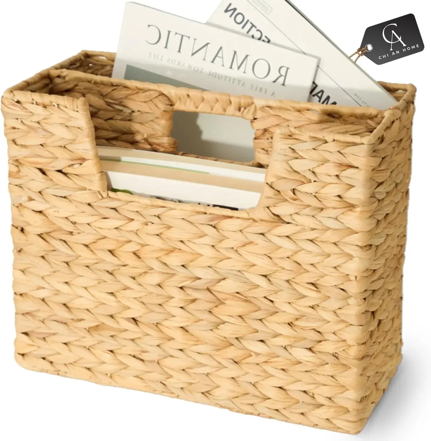 

Handwoven Water Hyacinth Magazine Basket File Book Newspaper Storage Bin with Handle for Office Living Room