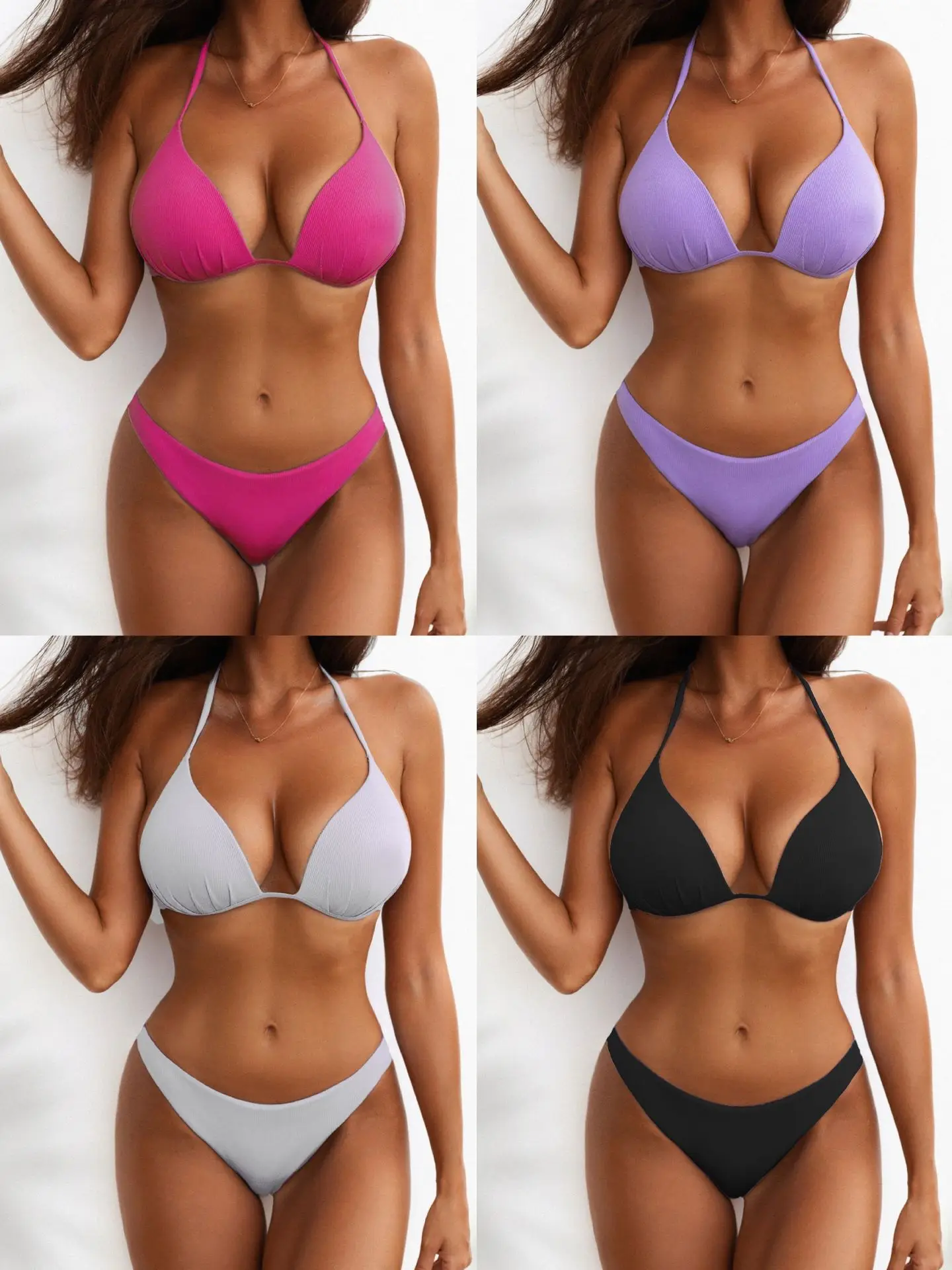 

Sexy Hanging Ne Hard Cup Bikini Beach Swimming Suit Twopiece Swimsuit Triangular Bikini with Chest Pad No Steel Support