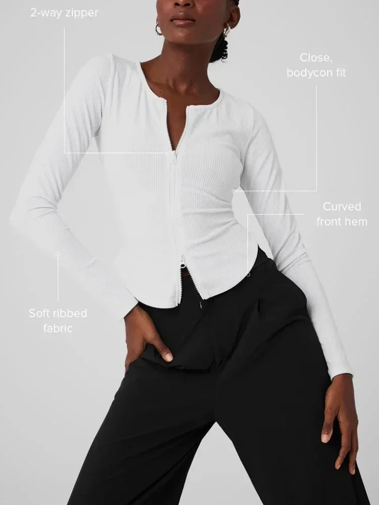 

White Double Zipper Knitted Pilates Top Slim Fit Breathable Long Sleeve Yoga Fitness Shirt Fashion Sexy AL Running Top