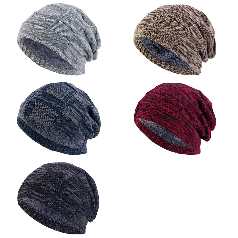 Two Color Yarn Knitted Hat Unisex Warm Ear Protection Skullcap Plush Lining Beanies