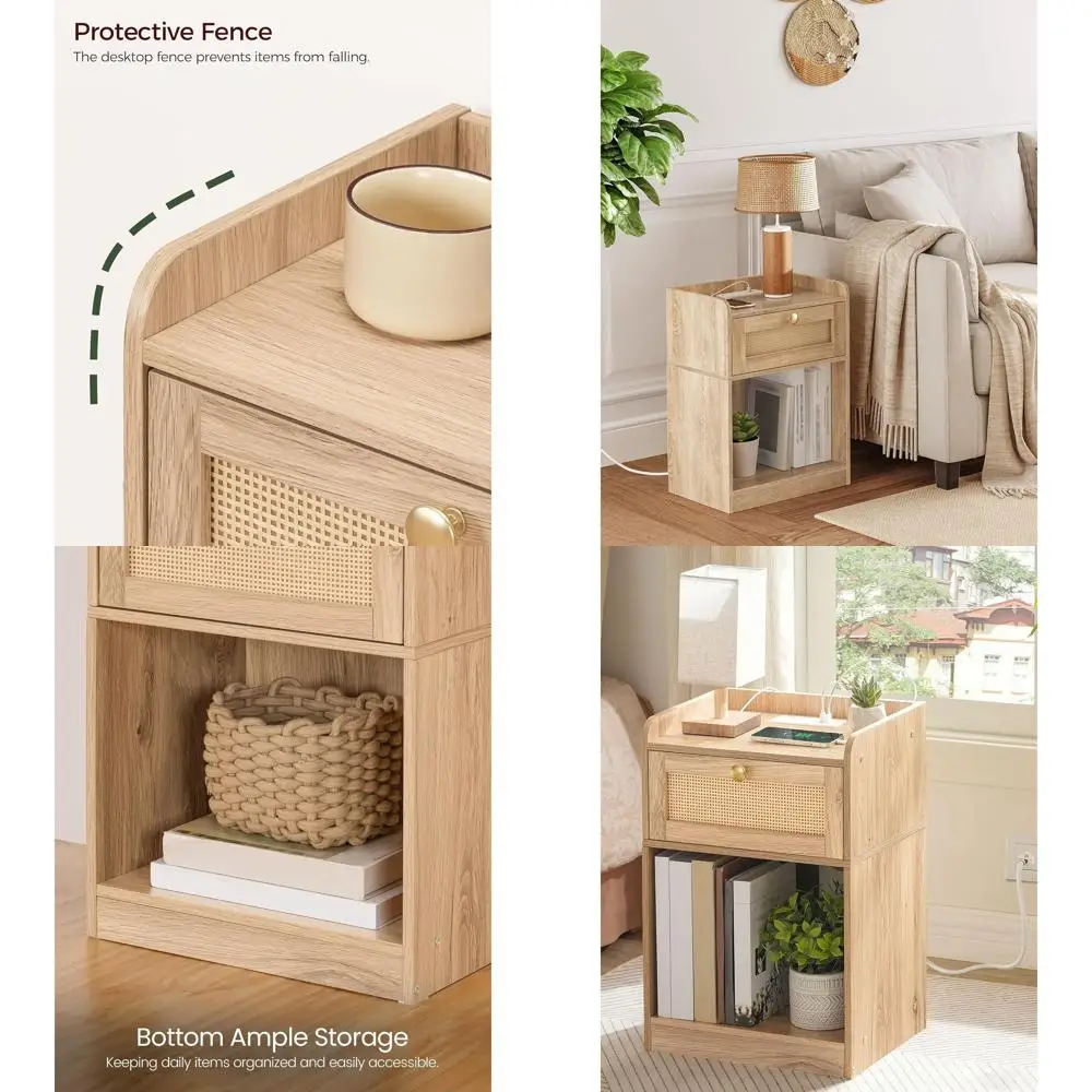 

Rattan-Style Side Table with Storage and 2 USB Charging Ports