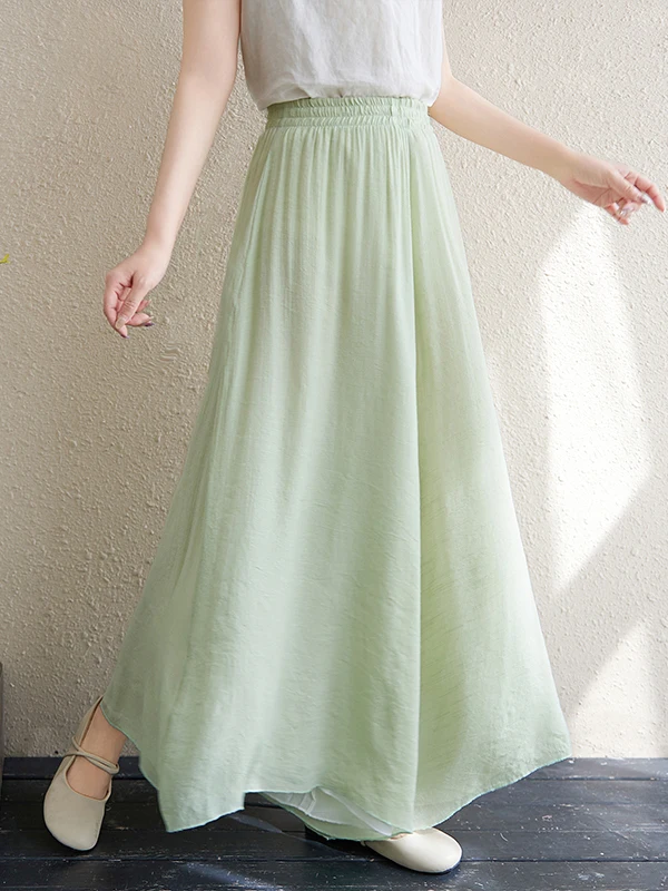 Pantalones de pierna ancha de lino y algodón para mujer, pantalones informales Retro holgados, pantalones de falda larga con cintura elástica fina