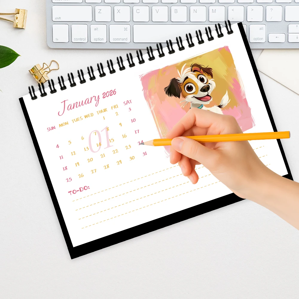 1 قطعة 2026 سنة التقويم خربش الكلب ، مجردة الفنية ، هدية مثالية لأعياد الميلاد عيد الميلاد السنة الجديدة ، مخطط سطح المكتب لمدة 12 شهرًا #3