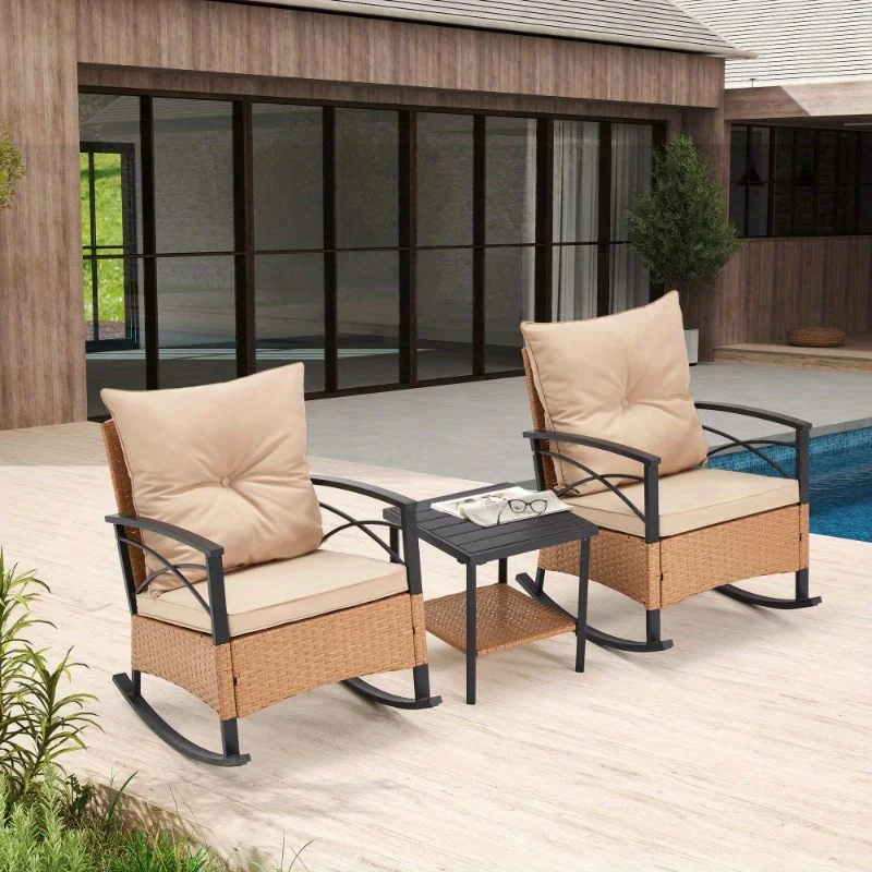 

Patio Rattan Rocking Chairs Set of 3, Outdoor Dining Chairs with Cushion and Coffee Table, Patio Rocker Chair Set