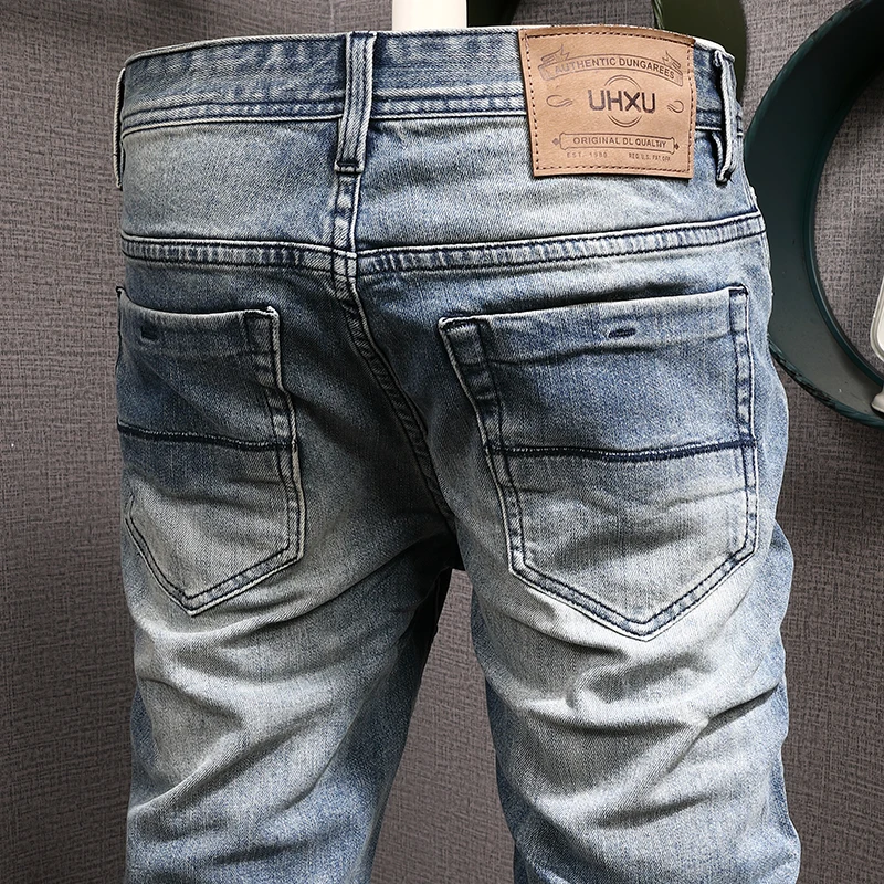 Italian Style Fashion Men Jeans High Quality Retro Blue Elastic Slim Fit Ripped Jeans Men Vintage Designer Denim Pants Hombre