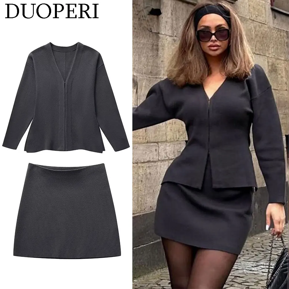 DUOPERI Women Fashion 2 Pieces Sets Knit Coat and Mini Skirt Female Chic Lady Tops Outwear and Skirt Coordinates