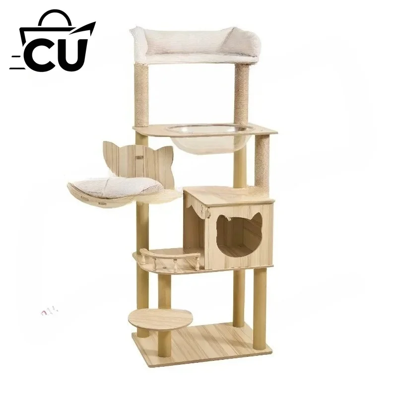Tall Wooden Cat Tree Tower with Cat Condo & Plush Top Perch for Indoor Cats