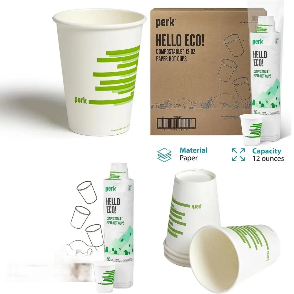 

12 унций. Экологичные компостируемые бумажные стаканчики, 500 штук, для горячих напитков и кофе