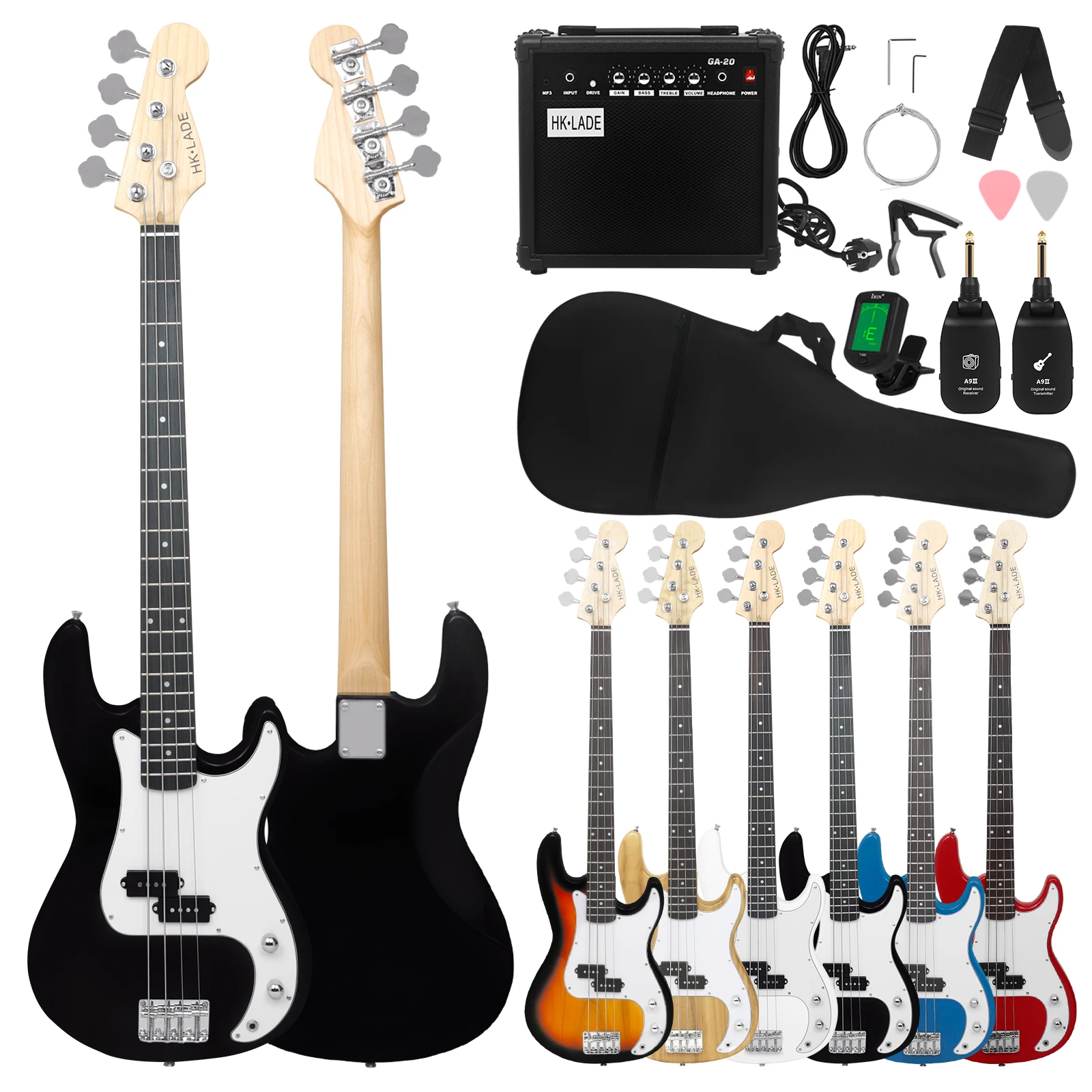 HK.LADE Bass Guitar HK-01 4-String Electric Bass Guitarra with Amplifier Tuner Guitar Wireless System Strap Bag Capo Accessories