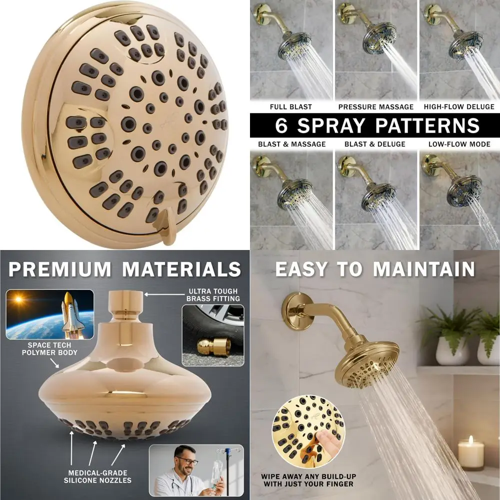 

Elegant 6-Mode Shower Head, 1.8 GPM, Polished Brass, BPA-Free, Self-Cleaning, Durable Fittings