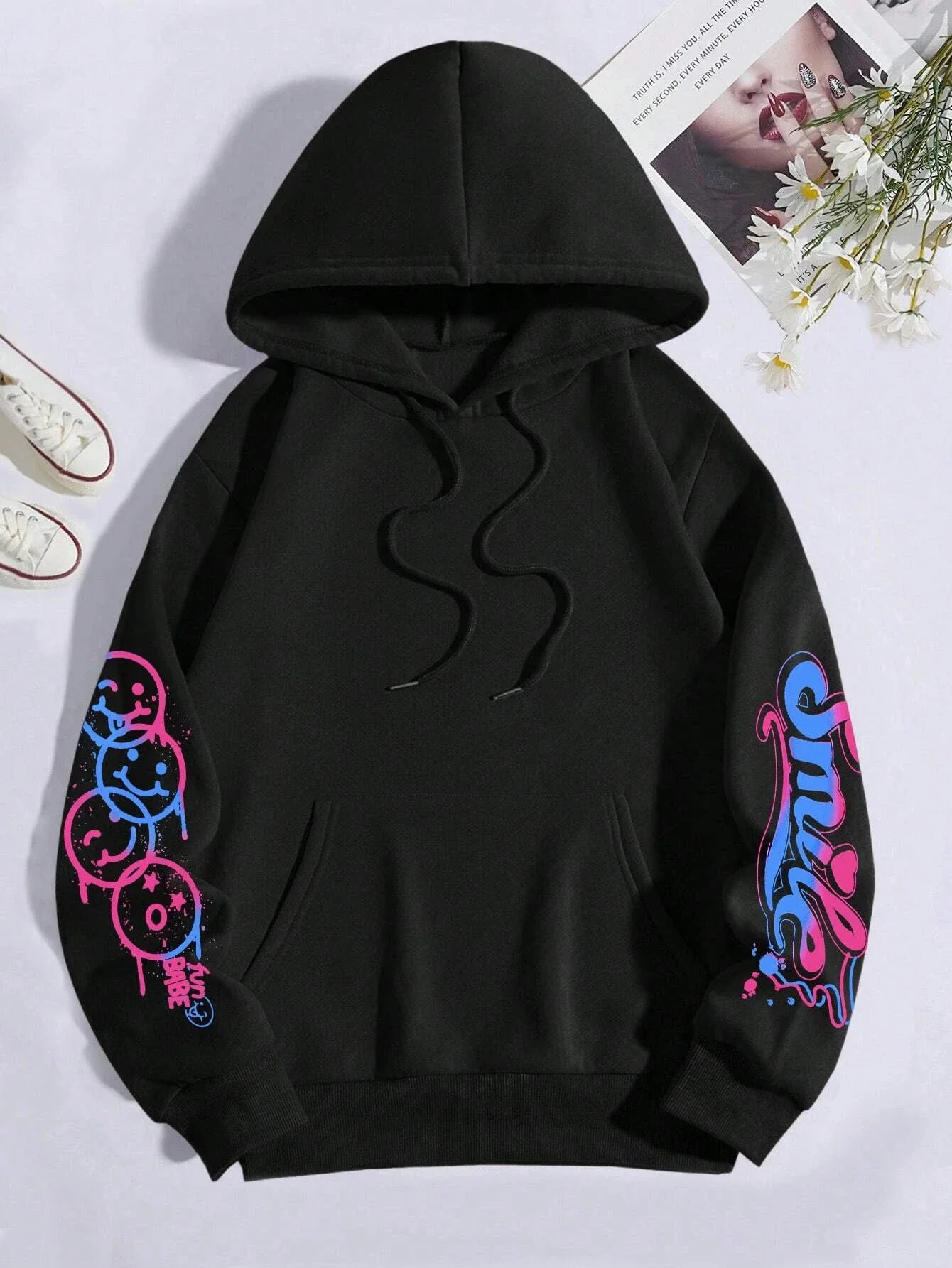 Happy Day Graffiti-Print Damen Hoodie Street Hip Hop Hoody Mode Rundhals Vielseitige Hoodies Vintage Oversize Kleidung für Frauen – Detail 3