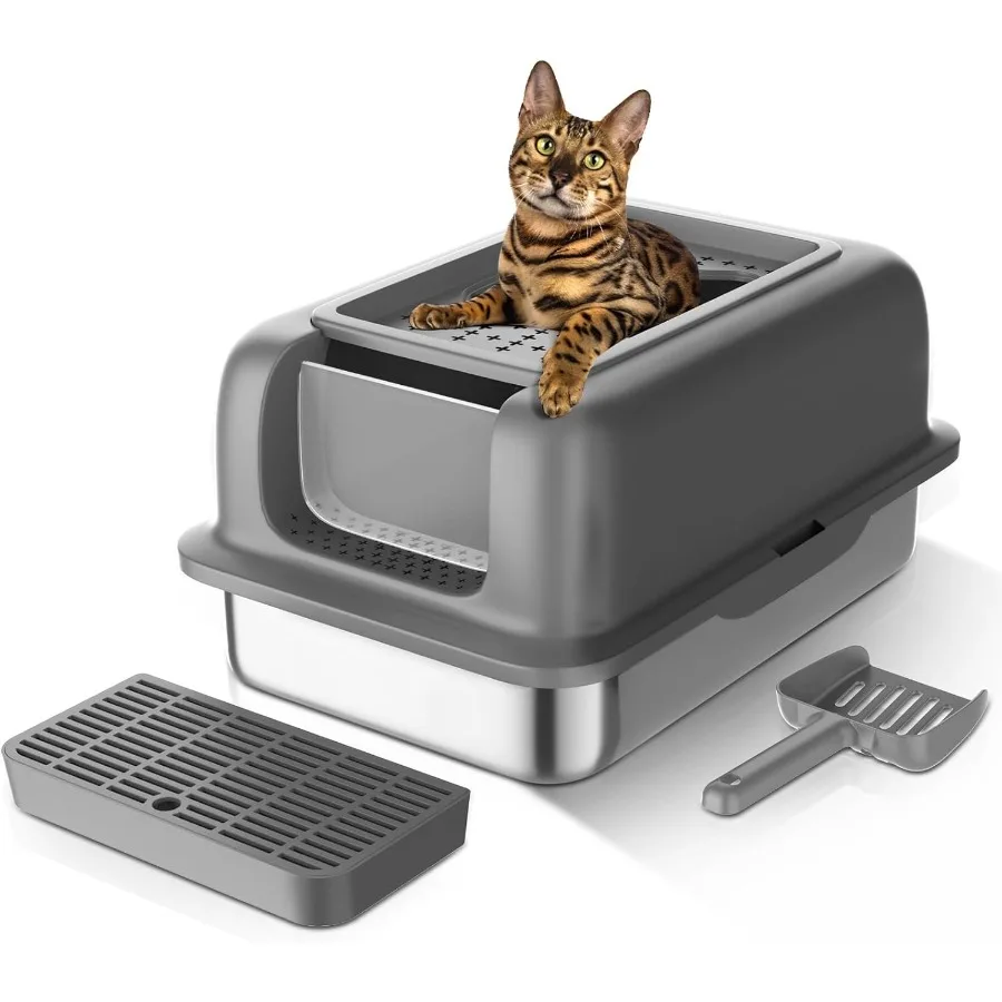 

High-side anti-leakage and easy-to-clean stainless steel litter box